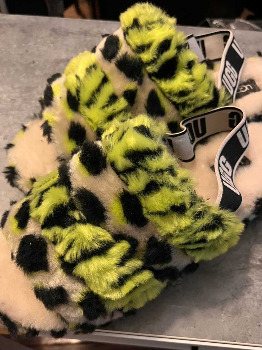UGG Neon Yellow, Black & Cream Fluff Yes Slide